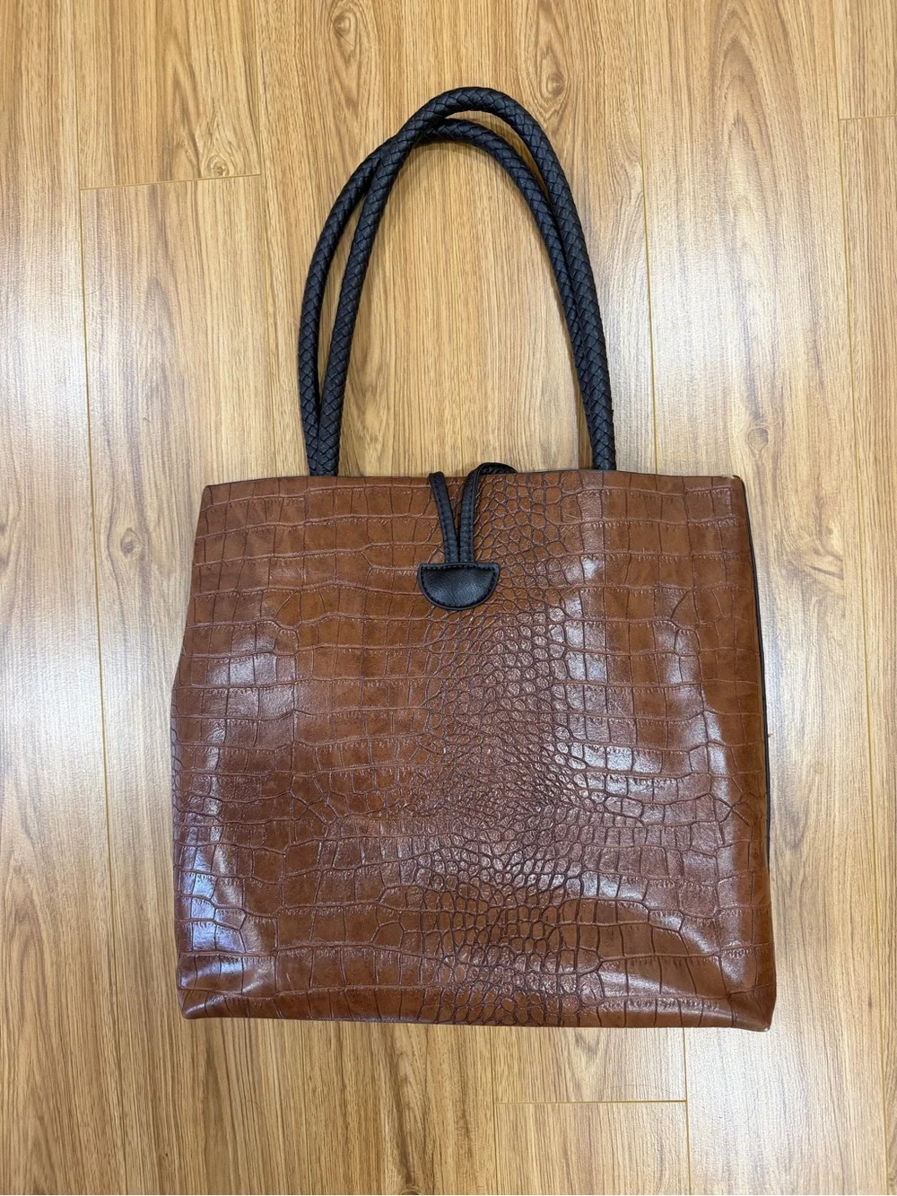 Croc-Embossed Brown Leather Tote with Black Braided Handles